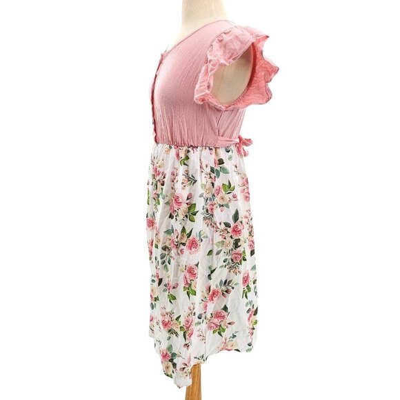 PatPat Adult Small Dress Pink Mosaic Flutter Sleeve Rose PInk Floral Mommy & Me - Picture 10 of 13